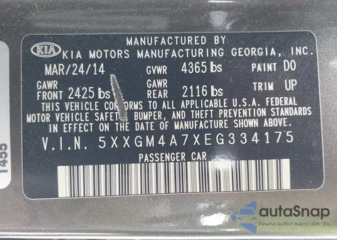 2014 Kia Optima Lx z USA, uszkodzony, nr VIN 5XXGM4A7XEG334175